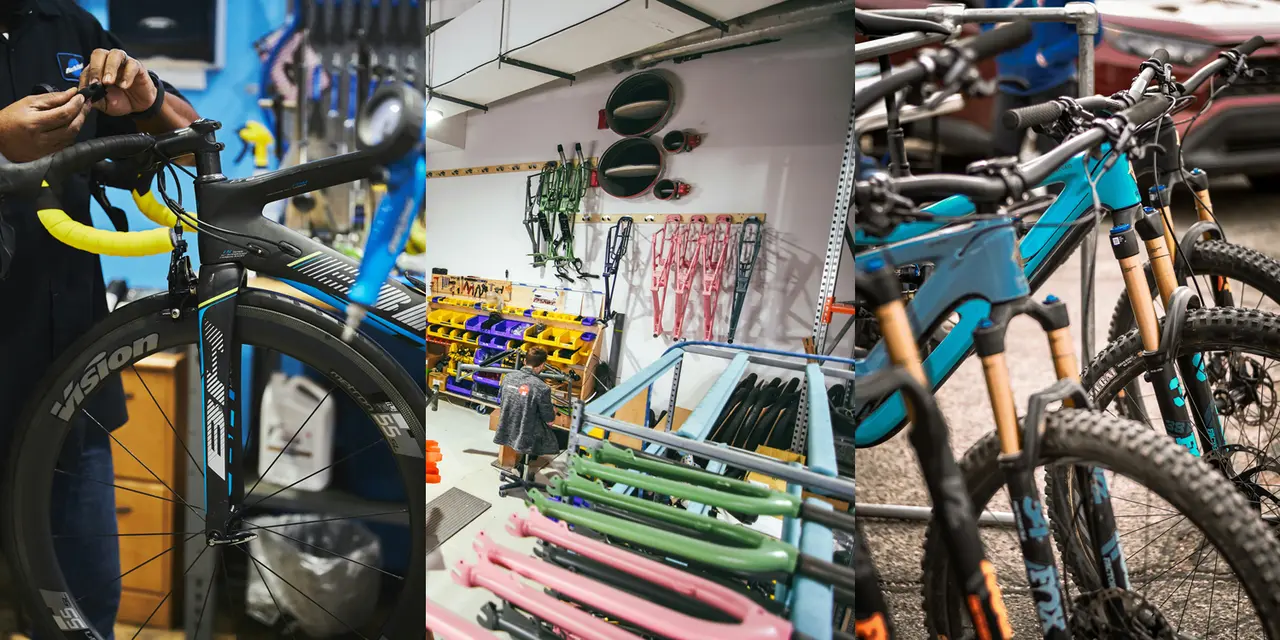 Trois scènes d'atelier vélo : réglage d'un vélo de route sur pied d'atelier, atelier avec cadres suspendus au mur et poste de travail, vélos tout suspendus alignés en extérieur